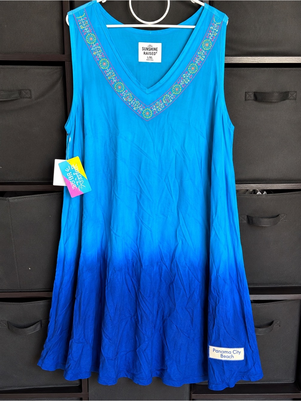 NWT Sunshine Raised Panama City Beach Blue Ombré Embroidered Boho Tunic L/XL